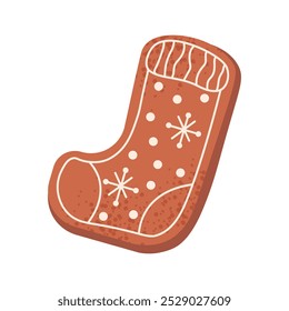 Gingerbread sock Christmas cookies vector Illustration isolated on a white background. Homemade cookies. Holiday Xmas cartoon dessert. Cute modern hand drawn gingerbread sock in icing-sugar.