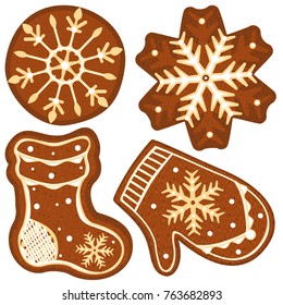 Gingerbread sock, glove and snowflakes colorful bright poster. Xmas theme flat vector illustration for sticker, badge, sign, stamp, logo, banner, icon, label, gift card, flyer certificate or banner