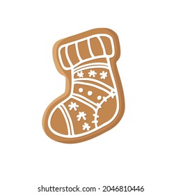 Gingerbread Sock with pattern cookie. Traditional Christmas baking with glaze drawing. Winter Holiday symbol. Tasty homemade Christmas cookie. Flat vector isolated. Sweet baked dessert pastrie.