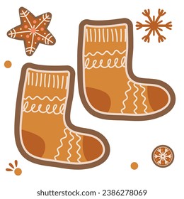 gingerbread socks and star vector picture in scandinavian style