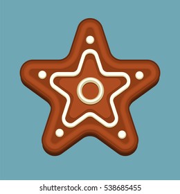 Gingerbread star christmas cookie isolated on blue background. Element for New Year design and art