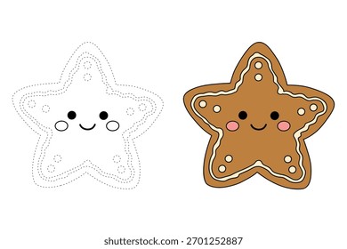 Una galleta de estrella de jengibre para colorear páginas para niños imprimibles. Galleta de estrella de pan de jengibre de rastro y color. Un carácter lindo de galleta de estrella de pan de jengibre para la hoja de trabajo de vacaciones de los niños para colorear.