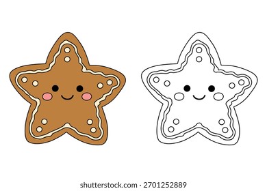 Una galleta de estrella de jengibre para colorear páginas para niños imprimibles. Galleta de estrella de pan de jengibre de rastro y color. Un carácter lindo de galleta de estrella de pan de jengibre para la hoja de trabajo de vacaciones de los niños para colorear.