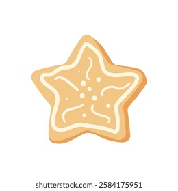 Gingerbread star cookie isolated on white background. Homemade festive baking. Christmas sweet dessert with frosting decor. Vector hand drawn flat illustration