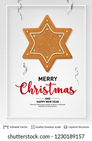 Gingerbread star cookie and text on light banner. Traditional Christmas decorative treat. New Year holiday background template.