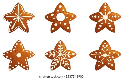 Gingerbread star cookies set isolated on white. Xmas traditional homemade pastry cartoon vector illustration