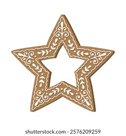 Gingerbread star holiday cookie. Flat vector illustration in brown and white colors