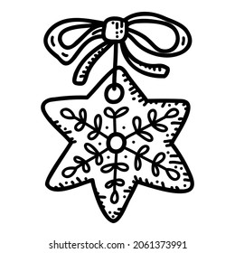 Estrella de pan de jengibre con arco de cinta. Esbozo negro vectorial. Ilustración dibujada a mano aislada sobre un fondo blanco.