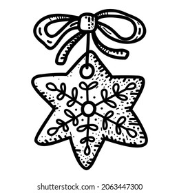 Gingerbread star with ribbon bow. Vector black sketch. Hand drawn illustration isolated on a white background.