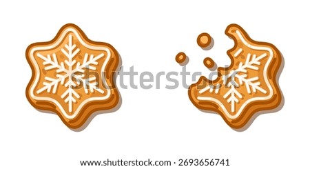 Gingerbread Star Snowflake Cookie Set with icing decoration and bitten piece, cartoon sweet dessert design full of cozy festive warmth and joyful winter spirit.