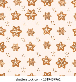 Gingerbread star and snowflake seamless pattern. Merry christmas and happy new year wrapping paper. Vector hand drawn illustration.