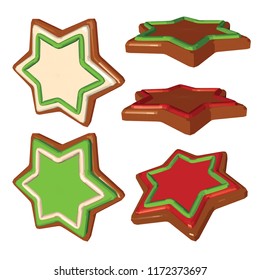 Gingerbread Stars in Different Views. Set of Cookies with Green Red and White Icing. Vector 3D Realistic illustration isolated on White Background.