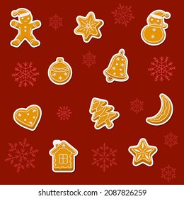 Gingerbread sticker set with gingerbread man, star, ball, christmas tree, snowman, house, bell and heart.