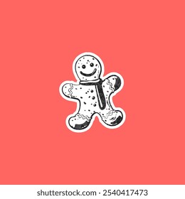 Gingerbread sweet cookie noise effect vector design. Traditional New year and Christmas holiday treat, festive bakery decoration. Vintage stipple black dots texture. Y2K 90s graininess style sticker