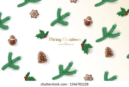 Gingerbread sweets with Merry Christmas wishes and pine branches.