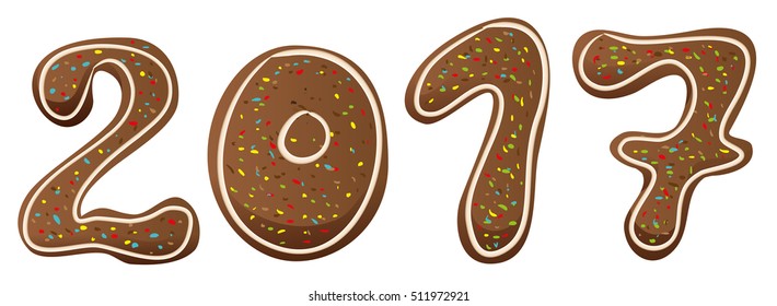 Gingerbread text lettering 2017. Isolated on white vector illustration