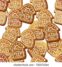 Gingerbread texture. Ginger Cookie House shape. Vector seamless pattern, holiday meal. Winter holidays background.