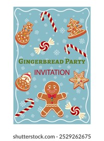 Gingerbread themed party invitation with festive cookies, candy canes, and snowflakes for holiday celebration.  Poster template for invitation to New Year or Christmas party. Vector illustration.