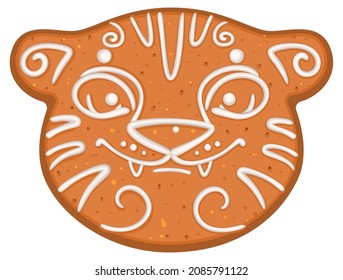 Gingerbread tiger head symbol christmas and new year 2022. Vector cartoon icon illustration isolated on white