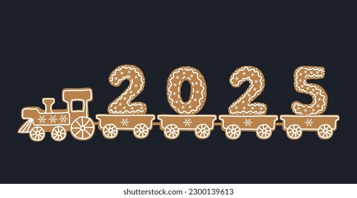 Gingerbread train. Train with Christmas cookies in the form of numbers of the 2025 year. Greeting card template. Vector illustration