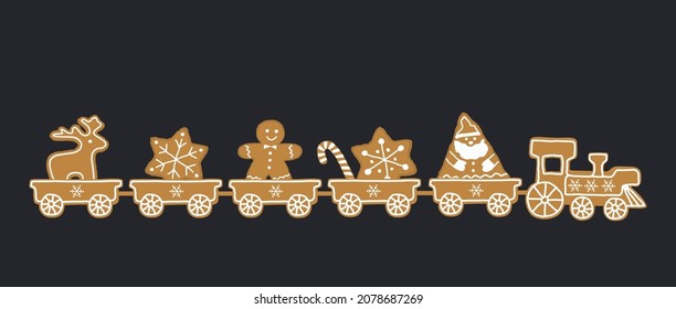 Gingerbread train. There is train with sweets on a dark blue background. There are santa claus, gingerbread man, deer, stars and candies in the picture. Greeting card template. Vector illustration