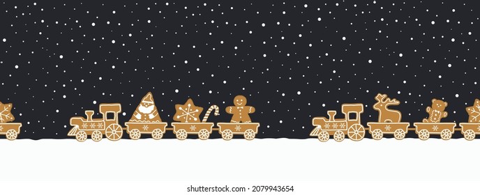 Gingerbread trains. Seamless border. Holidays background. There are trains with sweets on a dark blue background. There are santa claus, gingerbread man, deer, stars and candies here. Vector