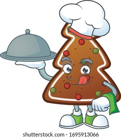 A gingerbread tree chef cartoon design with hat and tray