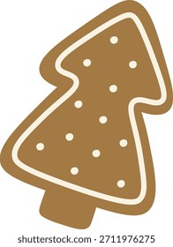 Biscoito de árvore de biscoito de gengibre com contorno de glacê e detalhes de polvilho pontilhado, isolado em branco. Símbolo de delícia, celebração, calor e padaria festiva. Ilustração de vetor de desenhos animados.