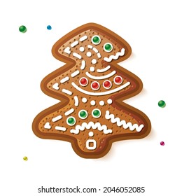 Gingerbread Tree Isolated on White. Christmas Cookie. Vector Illustration.
