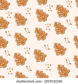 Gingerbread tree seamless pattern. Merry christmas and happy new year wrapping paper. Vector hand drawn illustration.