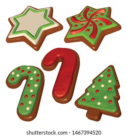 Gingerbread Tree Stars and Canes Isolated on White Background. Set of Christmas Cookies with Green Red and White Icing. Vector 3D Realistic illustration.