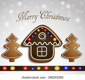 Gingerbread trees and chocolate house on snow background with decorations Christmas card