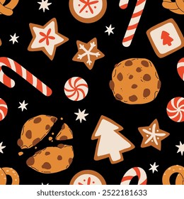 Gingerbread trees, stars with candy canes and sweets on white background. Seamless vector pattern for new year and Christmas holidays, cooking, new years eve background.