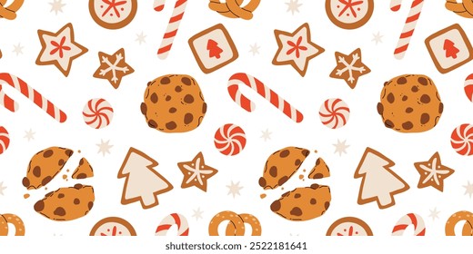 Gingerbread trees, stars with candy canes and sweets on white background. Seamless vector pattern for new year and Christmas holidays, cooking, new years eve background.