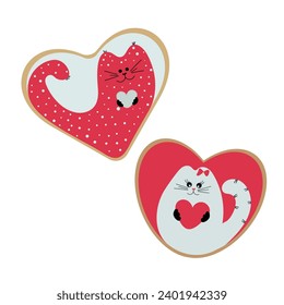 Gingerbread for Valentine's Day. Gingerbread with cats. Gingerbread in the shape of a heart. Vector.