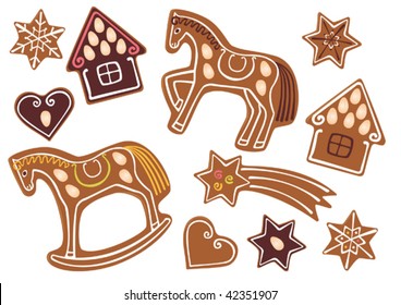 Gingerbread of various shapes and decoration.