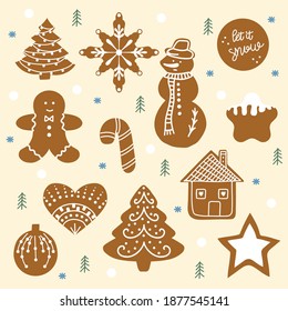 Gingerbread vector figures.Christmas stickers. Holiday patches for your design. Hand-drawn.  New Year and Merry Christmas. Vector illustration.