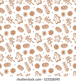 Gingerbread Vector Seamless pattern. Hand Drawn Doodle Christmas Cookies and spices. Celebratory background. Holiday wallpaper. Xmas. Merry Christmas and New Year background.