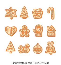 Gingerbread vector set. Cookies in the form snowflake, christmas tree, gingerbread man, mitten, house. 