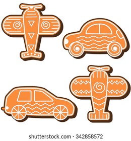 Gingerbread vehicles cookies set. Vector isolated illustration on white background.