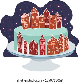 Gingerbread Village Cake vector illustration, night stars and snow, Festive cake with village house decorated in Christmas style isolated on white background. - Vector.