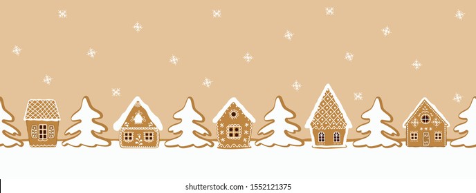 Gingerbread village. Christmas background. Seamless border. There are gingerbread houses and fir trees on a caramel background. Greeting card template. Vector illustration