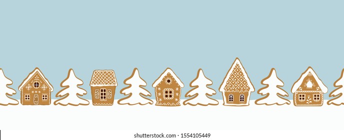Gingerbread village. Christmas background. Seamless border. There are gingerbread houses and fir trees on a blue background. Greeting card template. Vector illustration