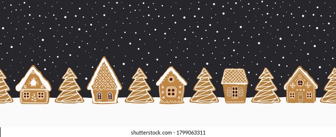 Gingerbread village. Christmas background. Seamless border. Fairytale winter landscape. There are gingerbread houses and fir trees on a dark blue background. Greeting card template. Vector 
