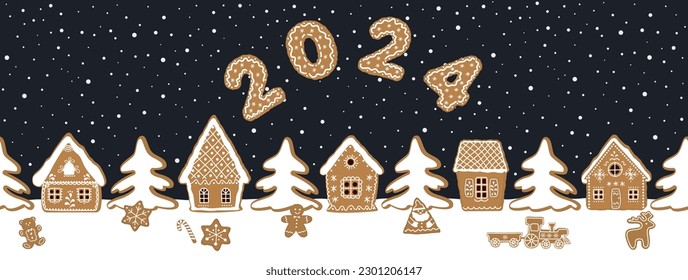 Gingerbread village. Christmas background. Seamless border. Fairytale winter landscape. Gingerbread houses, fir trees and other cookies on dark blue background. Greeting card template. Vector 