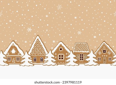 Gingerbread village. Christmas background. Seamless border. Gingerbread houses and fir trees on caramel background. Greeting card template. Vector illustration