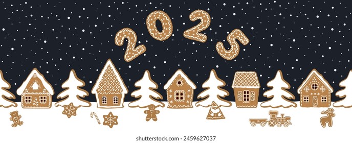 Gingerbread village. Christmas background. Seamless border. Fairytale winter landscape. Gingerbread houses, fir trees and other cookies on dark blue background. Greeting card template. Vector