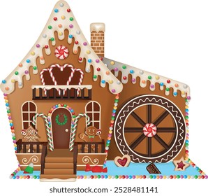 gingerbread watermill with cookies and candies. isolated christmas water mill with sweets