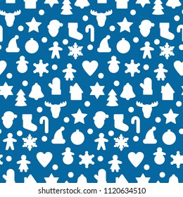 Gingerbread white silhouette seamless pattern isolated on blue background. Vector winter repeat wallpaper for holiday greeting cards, wrapping, textile prints with Christmas and New Year symbols.