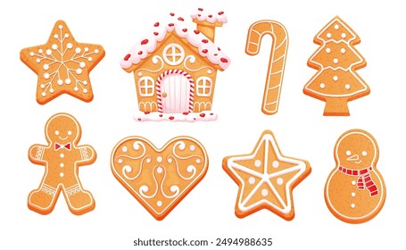 Gingerbread winter bakery homemade cookies. Star, house heart shape. Christmas biscuit, haliday sweets with icing decoration.